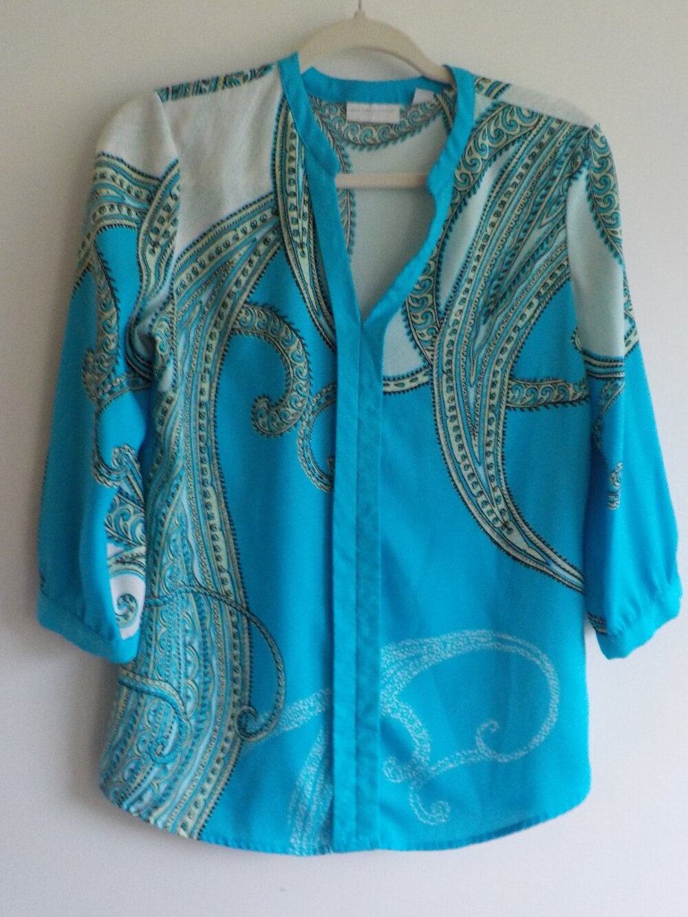 NY Company Blouse - XS - Turquoise Paisley Y2K 90s  3/4 Sleeve (2522)